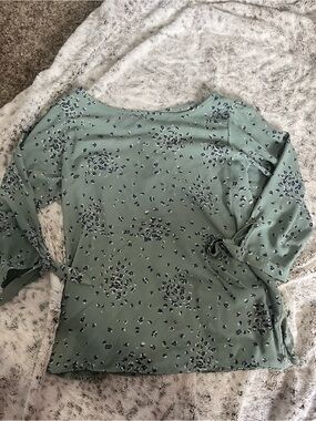 LOFT Sage Green Floral Tie-Sleeve Blouse